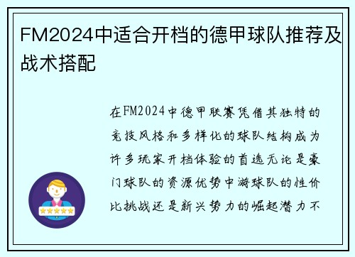 FM2024中适合开档的德甲球队推荐及战术搭配